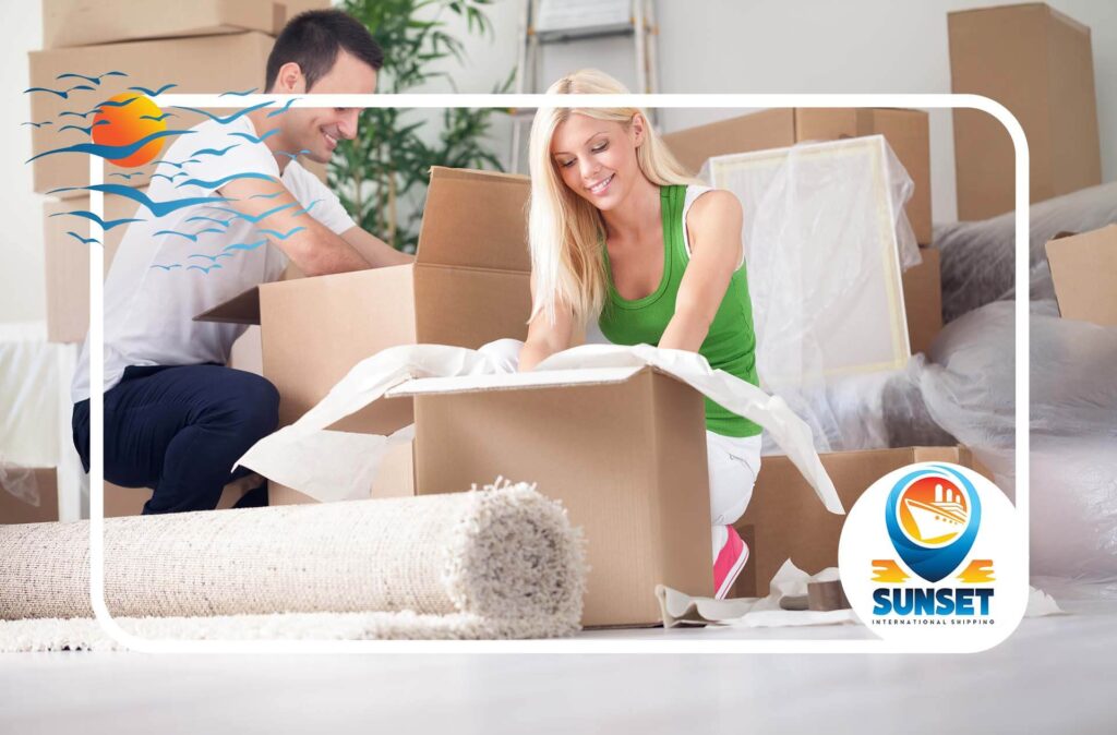 Man and woman packing before moving overseas Sunset International Shipping logo