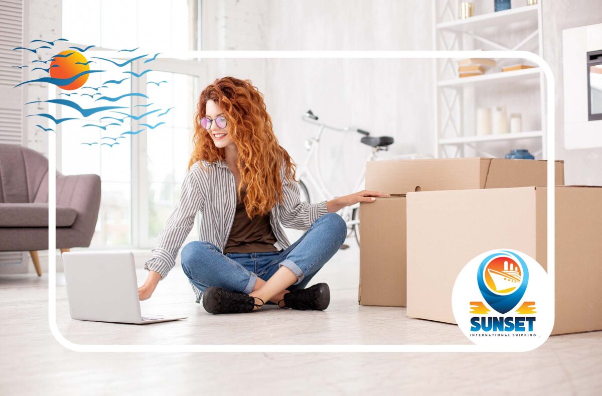 girl packing Sunset International Shipping Logo