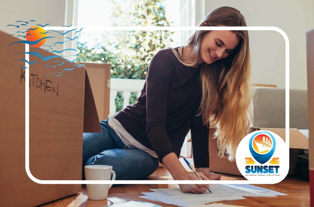 A woman sitting on the floor and writing a list Sunset International Shipping Logo