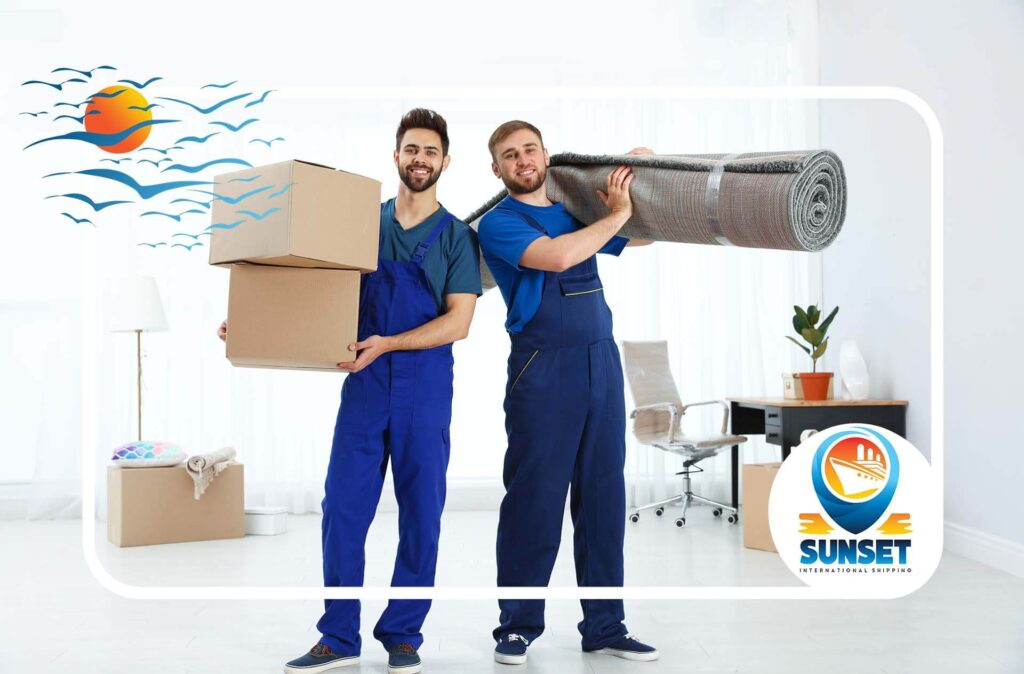 Movers from an international moving company handling household goods