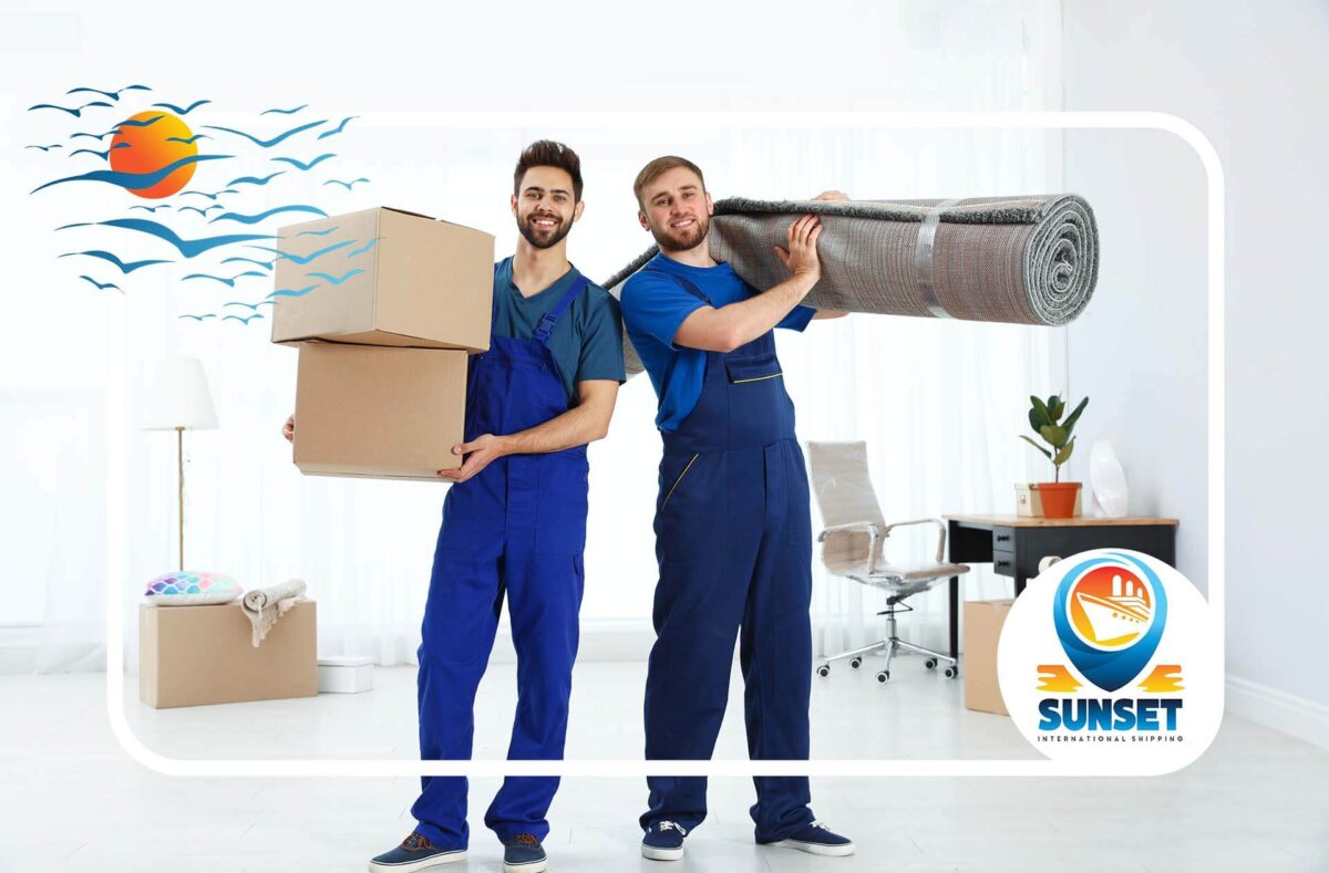 Movers from an international moving company handling household goods