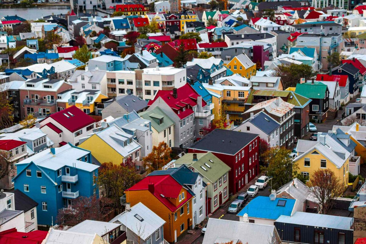 An aerial view of houses in Reykjavík