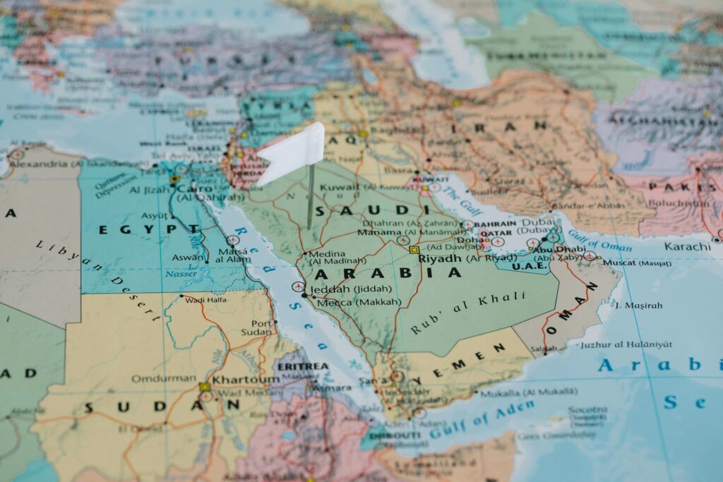 A map of the Middle East focused on Saudi Arabia