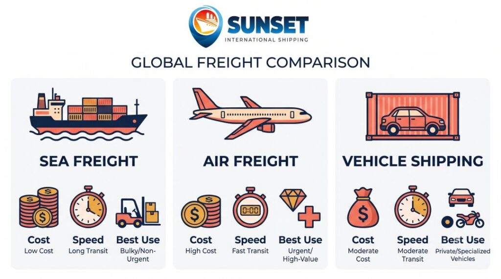 A clean flat infographic comparing sea freight air freight and overseas vehicle shipping by cost speed and best use case