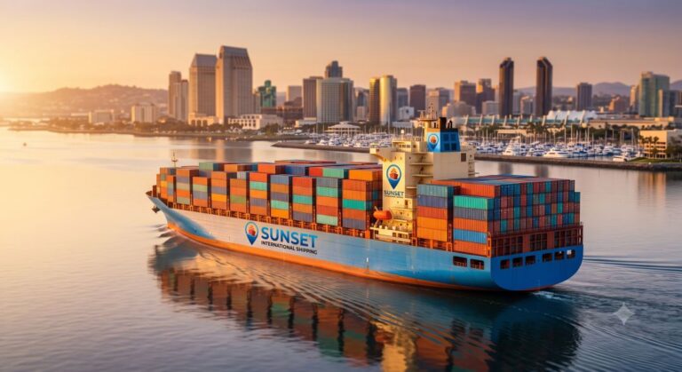 International movers loading a container ship departing San Diego Bay for an overseas move.