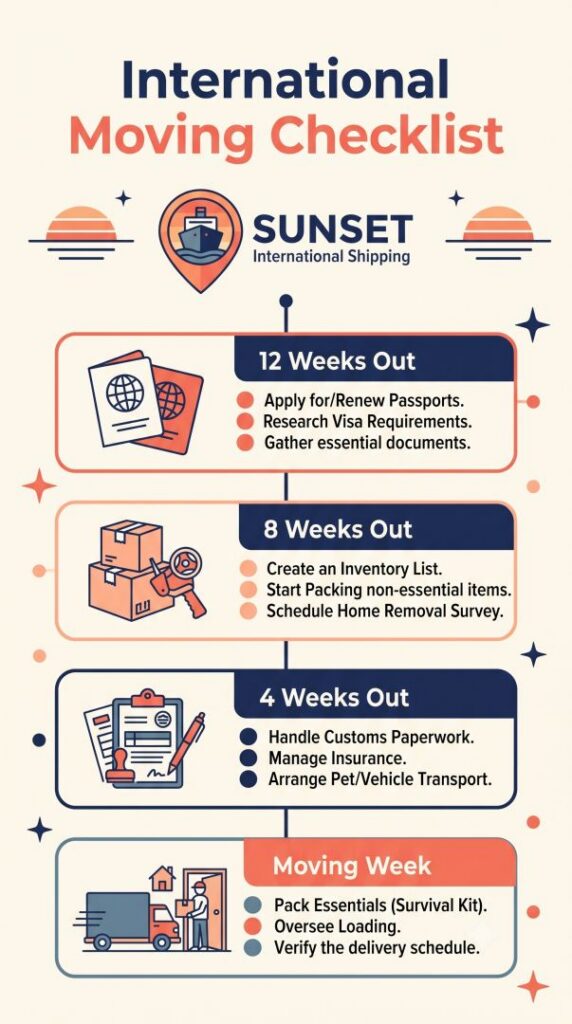 International moving checklist showing a week-by-week timeline for shipping