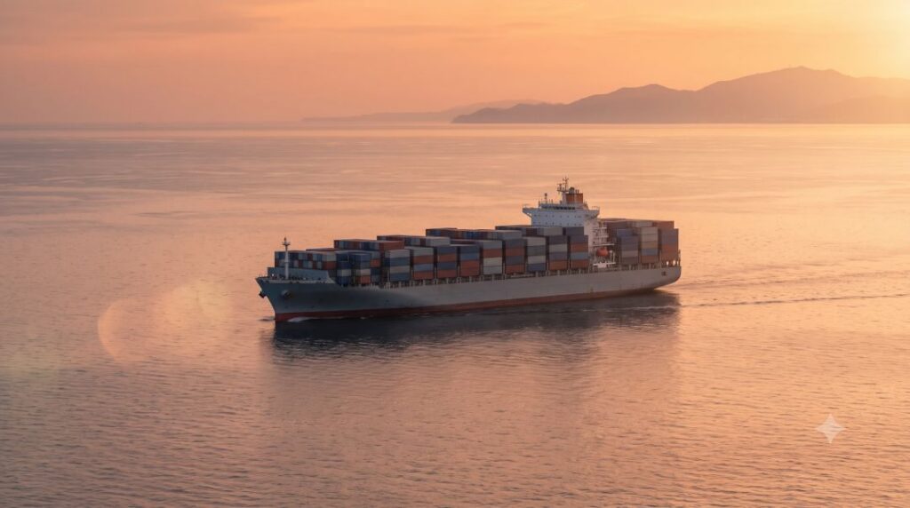 A container ship crossing the Pacific at sunset toward Asia, representing the best Asian countries Americans can move to in 2026.