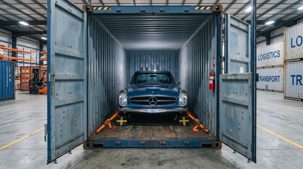 Car strapped and chocked inside an open shipping container for overseas transport