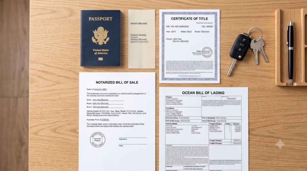 Vehicle export documents and car keys laid out for overseas car shipping