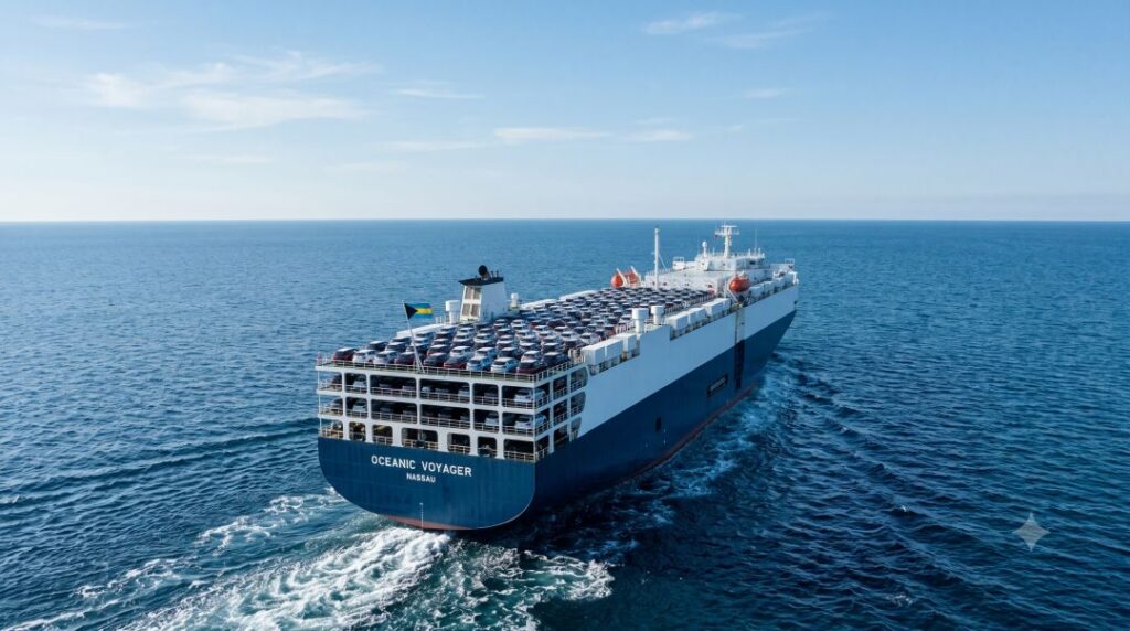 Car-carrier ship crossing open ocean during international vehicle transit
