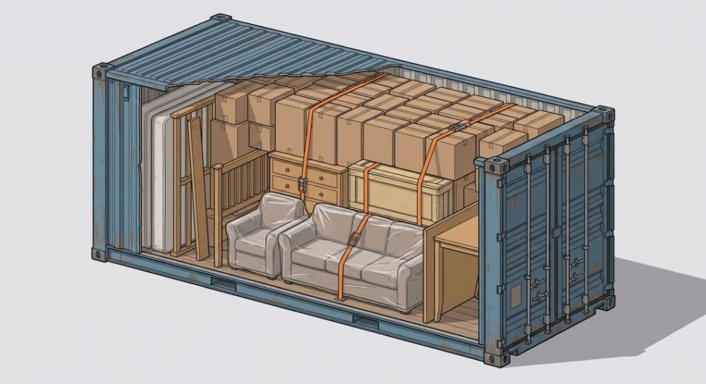 Cutaway view of a 20-foot shipping container packed with the contents of a 3 bedroom house