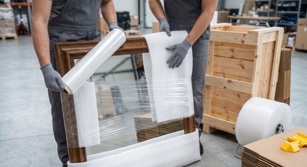 Professional movers wrapping a framed mirror in export grade packing materials for ocean transit