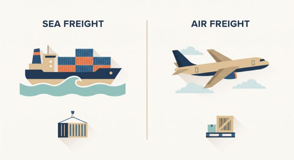 Comparison of sea freight and air freight options for shipping a 3 bedroom household overseas