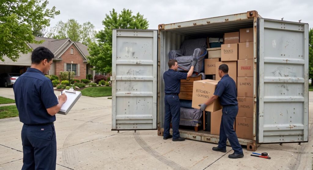 Movers loading wrapped furniture into a 20-foot shipping container outside an American home while an inventory is recorded