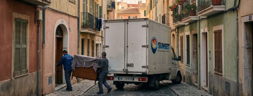 A small shuttle truck delivering household goods on a narrow European street, illustrating destination charges on a door-to-door move