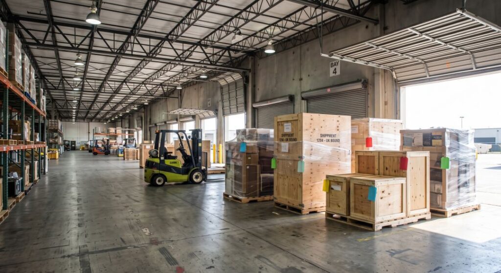 Separate household shipments palletized and wrapped in a freight consolidation warehouse before loading into a shared container