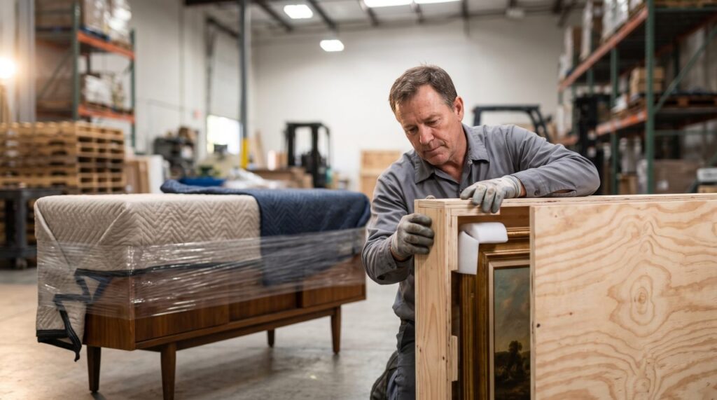 Custom crating a framed artwork for overseas shipping from San Diego