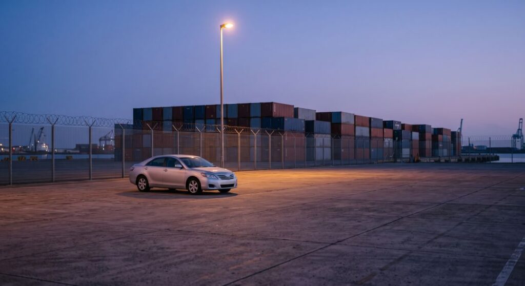 A single car parked alone in an empty port terminal holding yard at dusk, the handoff window where international car shipping insurance coverage often lapses