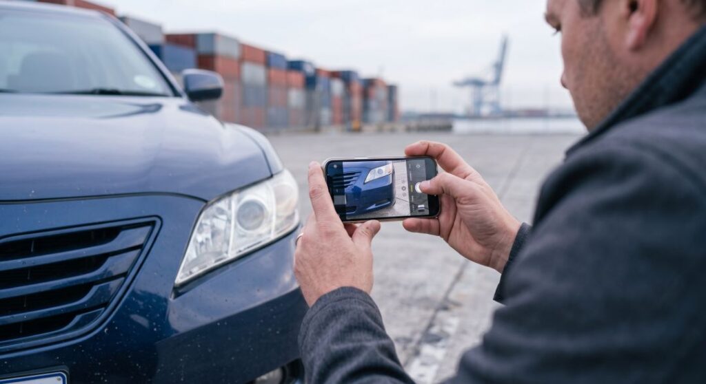 Close-up of hands using a smartphone to photograph a car's front bumper at a port terminal, documenting vehicle condition before international shipping as claim evidence.