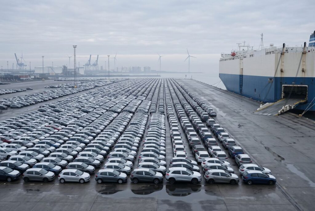 Rows of imported vehicles on the quayside at a European car terminal after ocean shipping from the United States