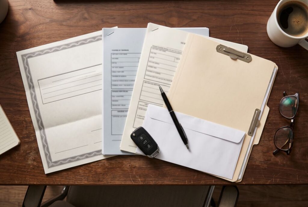 Vehicle export documents, original title and car keys prepared for the 72-hour CBP filing before shipping a car overseas
