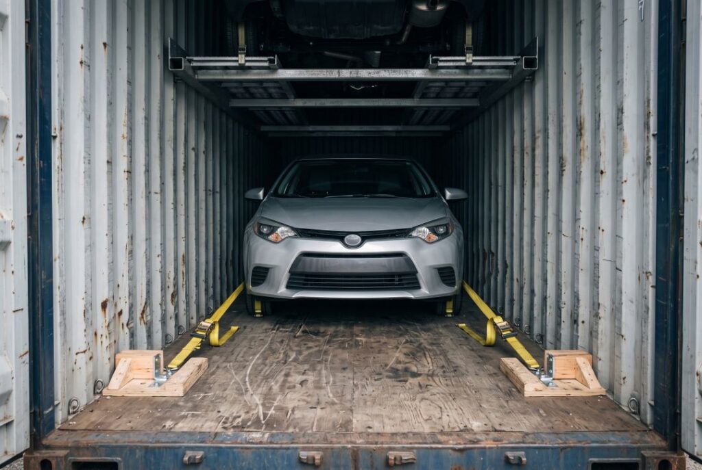 Car strapped and chocked inside a shared 40-foot ocean container for shipping from the USA to Europe
