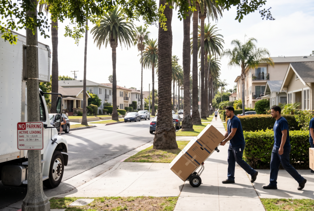 A street-level view of a quintessential palm-tree-lined residential street in Santa Monica. Professional movers in uniform are carefully rolling a heavy-duty dolly stacked with secure moving boxes down a sun-dappled sidewalk. A temporary