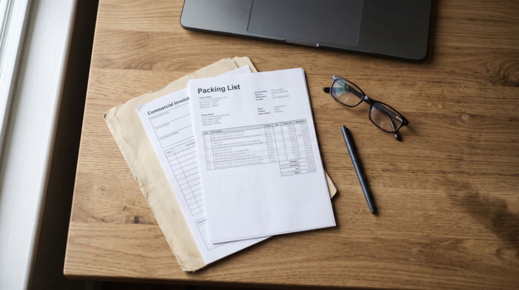 Shipping documents and a packing list laid out on a desk for a shipment entering the United Kingdom
