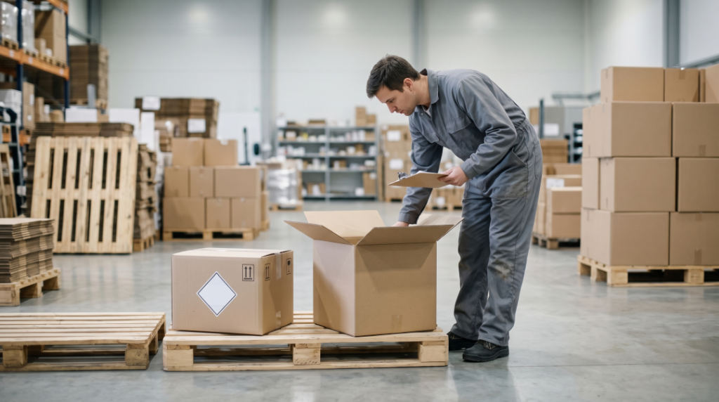 Packed cartons being checked and labeled before export, with restricted items set aside for review